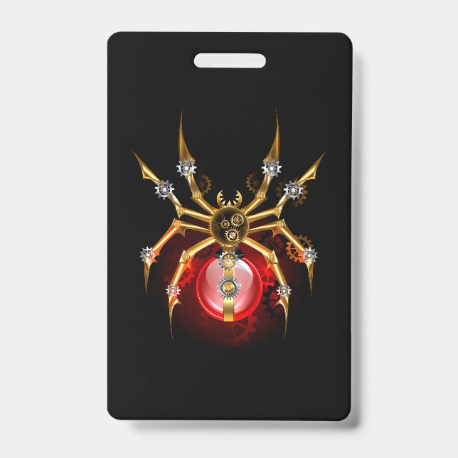 Steampunk spider on black ID badge (Front)