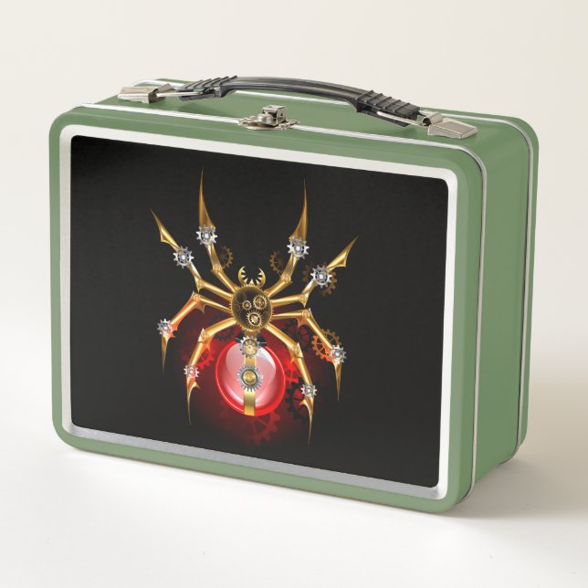 Steampunk spider on black metal lunch box (Front)