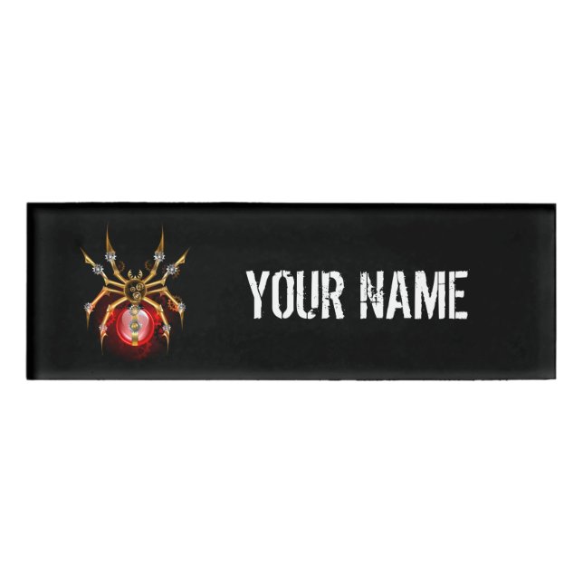 Steampunk spider on black name tag (Front)