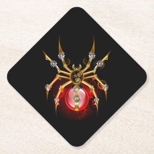 Steampunk spider on black paper coaster