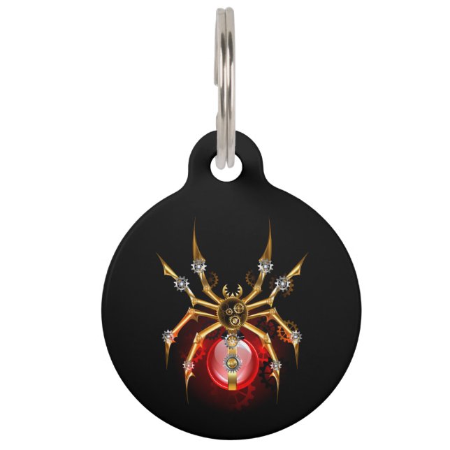 Steampunk spider on black pet tag (Front)