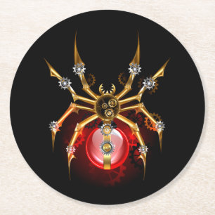 Steampunk spider on black round paper coaster