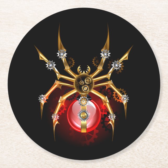 Steampunk spider on black round paper coaster (Front)
