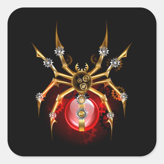 Steampunk spider on black square sticker (Front)