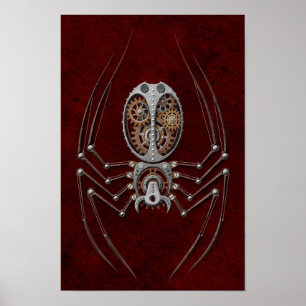Steampunk Spider on Deep Red Poster