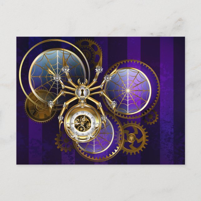 Steampunk Spider on Purple Background Announcement Postcard (Front)