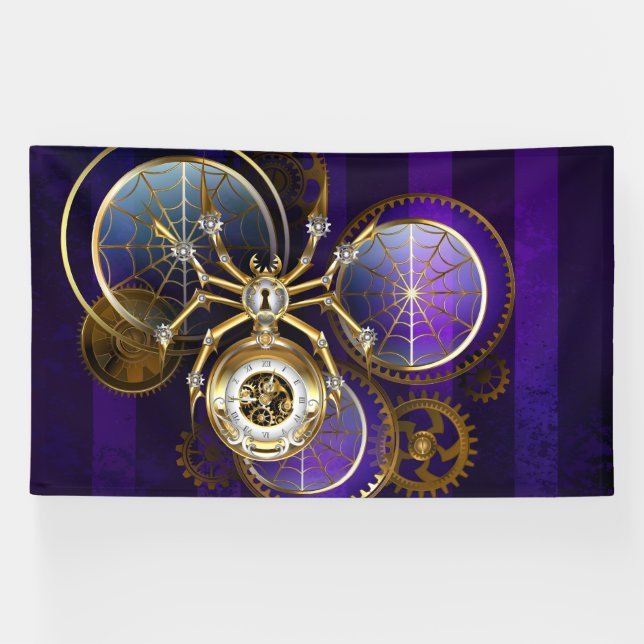 Steampunk Spider on Purple Background Banner (Horizontal)