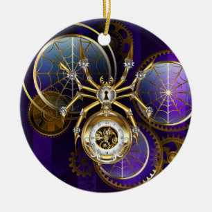 Steampunk Spider on Purple Background Ceramic Ornament
