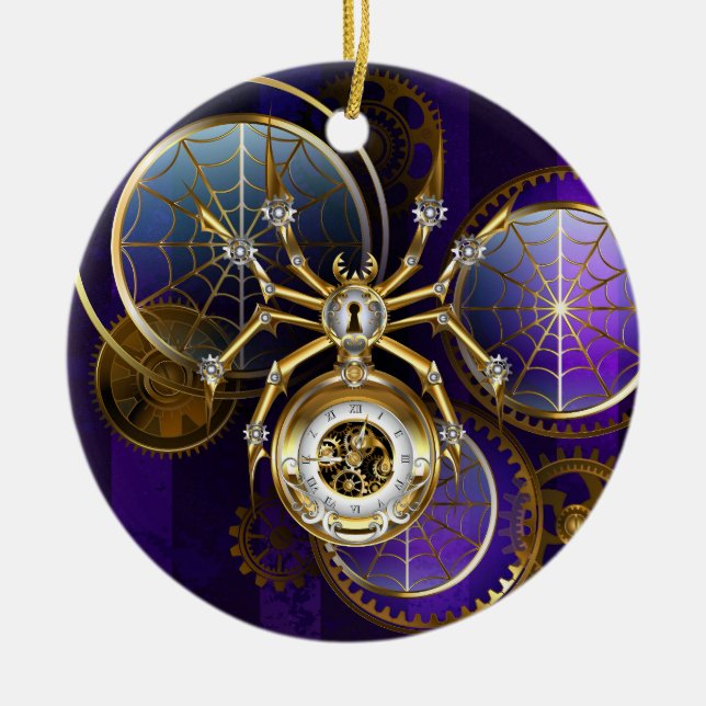 Steampunk Spider on Purple Background Ceramic Ornament (Front)