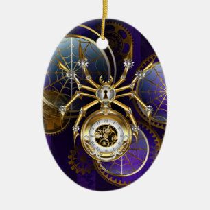 Steampunk Spider on Purple Background Ceramic Ornament