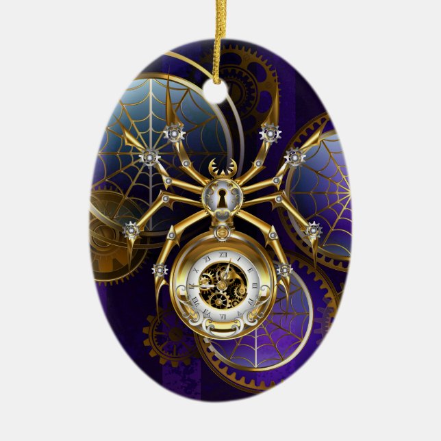 Steampunk Spider on Purple Background Ceramic Ornament (Front)