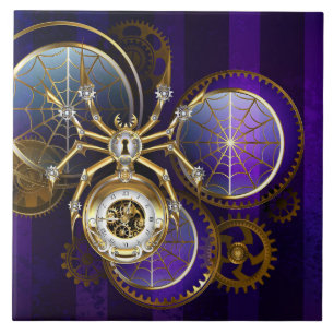 Steampunk Spider on Purple Background Ceramic Tile