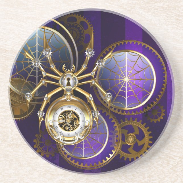 Steampunk Spider on Purple Background Coaster (Front)