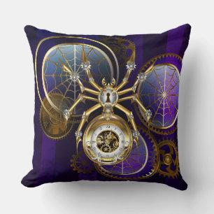 Steampunk Spider on Purple Background Cushion