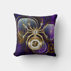 Steampunk Spider on Purple Background Cushion