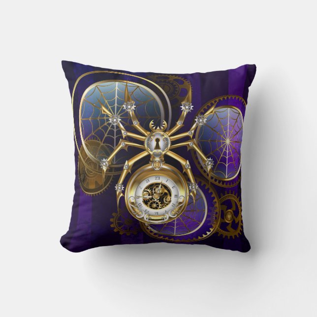 Steampunk Spider on Purple Background Cushion (Front)