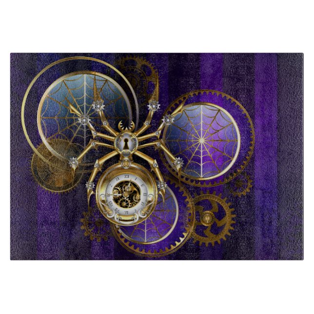 Steampunk Spider on Purple Background Cutting Board (Front)