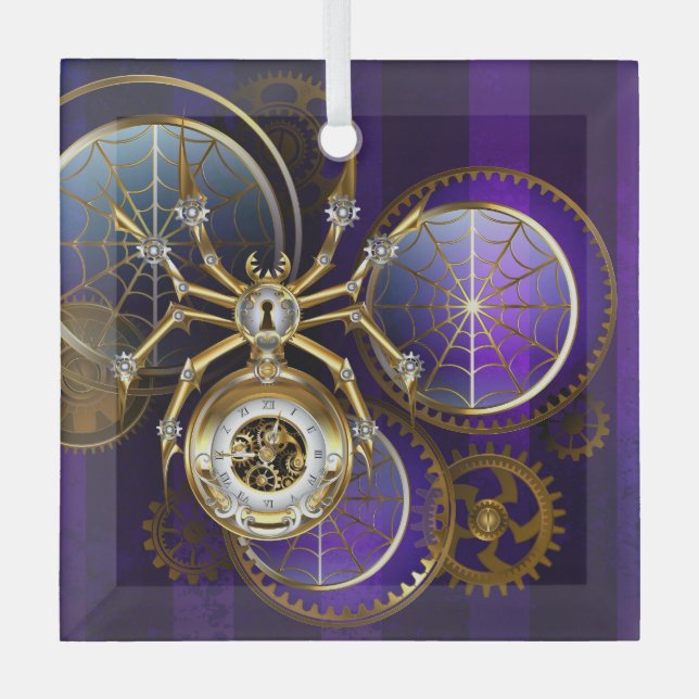 Steampunk Spider on Purple Background Glass Tree Decoration (Front)