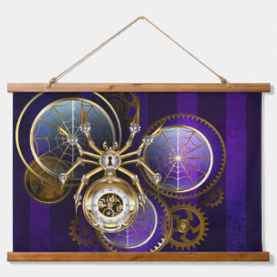 Steampunk Spider on Purple Background Hanging Tapestry