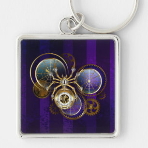 Steampunk Spider on Purple Background Key Ring