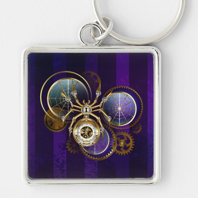 Steampunk Spider on Purple Background Key Ring (Front)