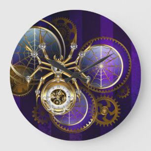 Steampunk Spider on Purple Background Large Clock
