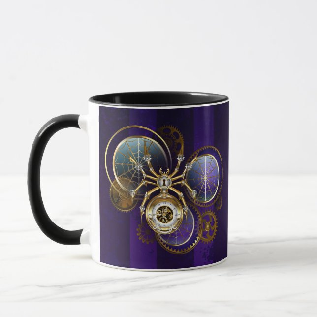 Steampunk Spider on Purple Background Mug (Left)