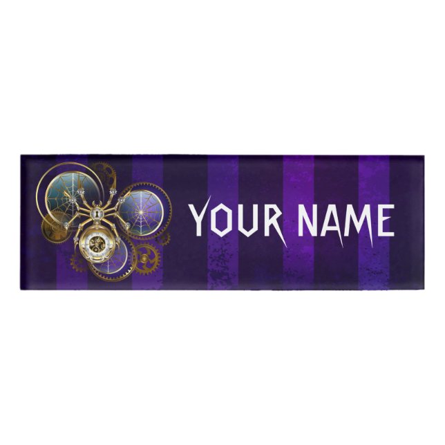 Steampunk Spider on Purple Background Name Tag (Front)
