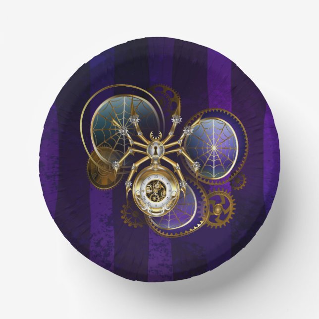 Steampunk Spider on Purple Background Paper Plate (Front)