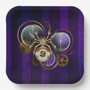 Steampunk Spider on Purple Background Paper Plate