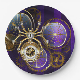 Steampunk Spider on Purple Background Paper Plate