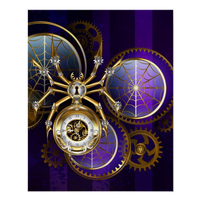 Steampunk Spider on Purple Background Poster (Front)