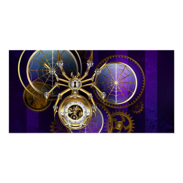 Steampunk Spider on Purple Background Poster (Front)