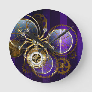 Steampunk Spider on Purple Background Round Clock
