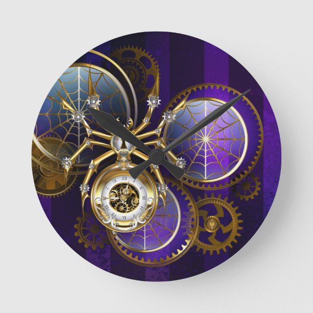 Steampunk Spider on Purple Background Round Clock (Front)