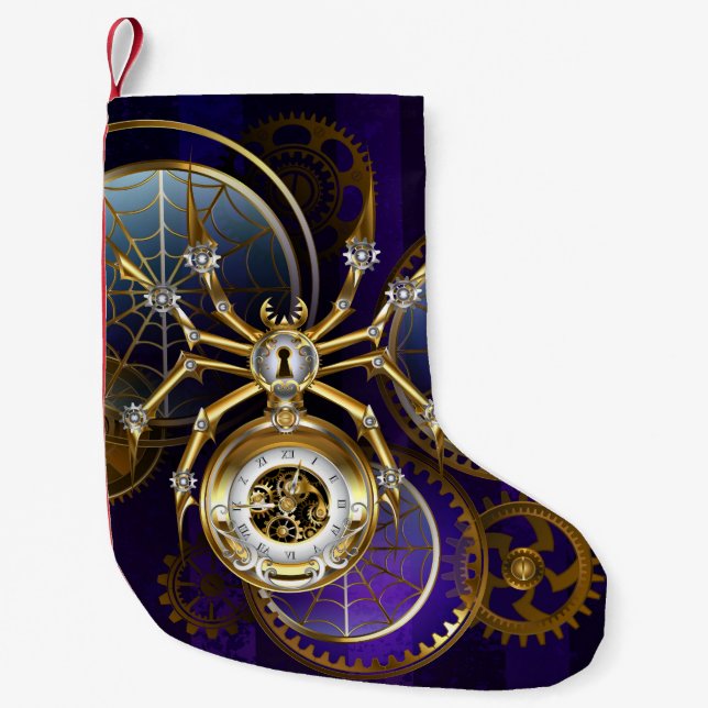 Steampunk Spider on Purple Background Small Christmas Stocking (Front)