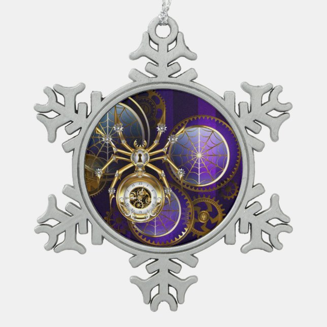 Steampunk Spider on Purple Background Snowflake Pewter Christmas Ornament (Front)