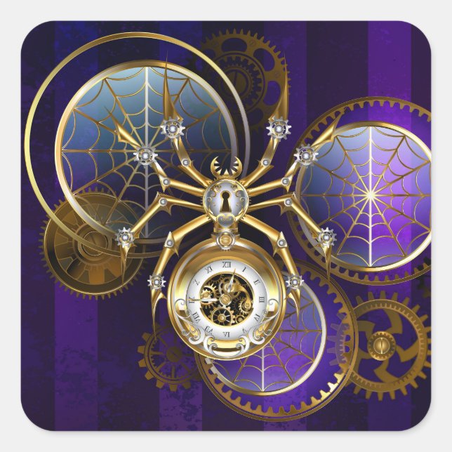 Steampunk Spider on Purple Background Square Sticker (Front)