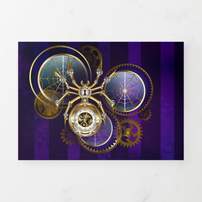 Steampunk Spider on Purple Background Tri-Fold Invitation (Cover)