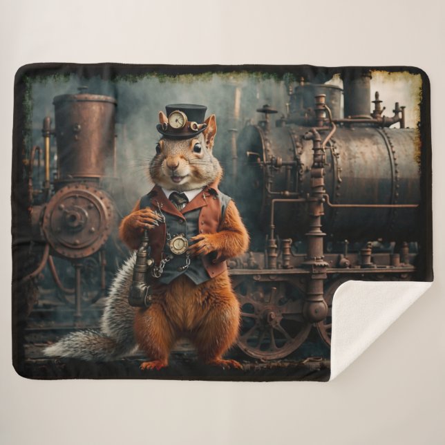 Steampunk Squirrel and Train Sherpa Blanket (Front (Horizontal))