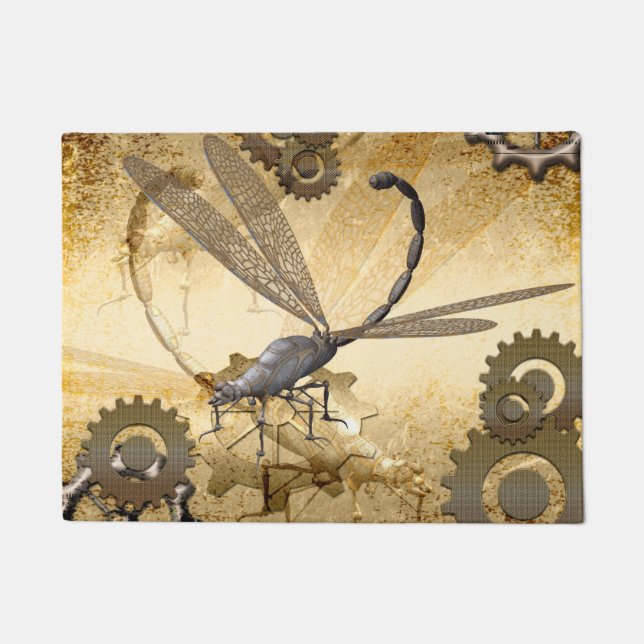 Steampunk,  steam dragonflies with gears doormat (Front)