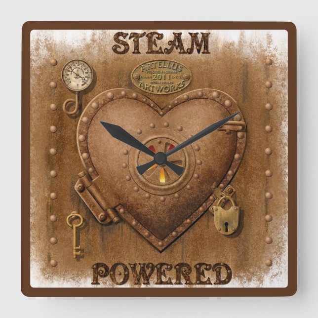 Steampunk Steam Powered Heart Square Wall Clock (Front)