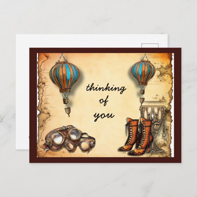 Steampunk Styled Boots, Goggles Hot Air Balloons Postcard (Front/Back)