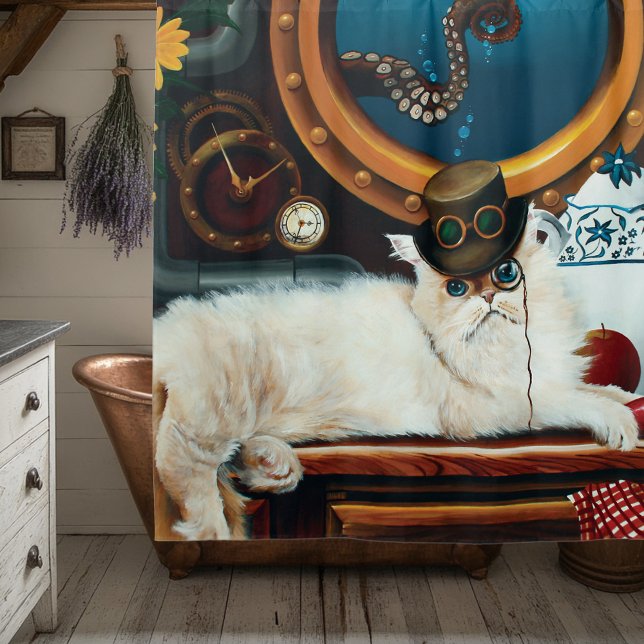 Steampunk Submarine Cat Tea Shower Curtain (Creator Uploaded)