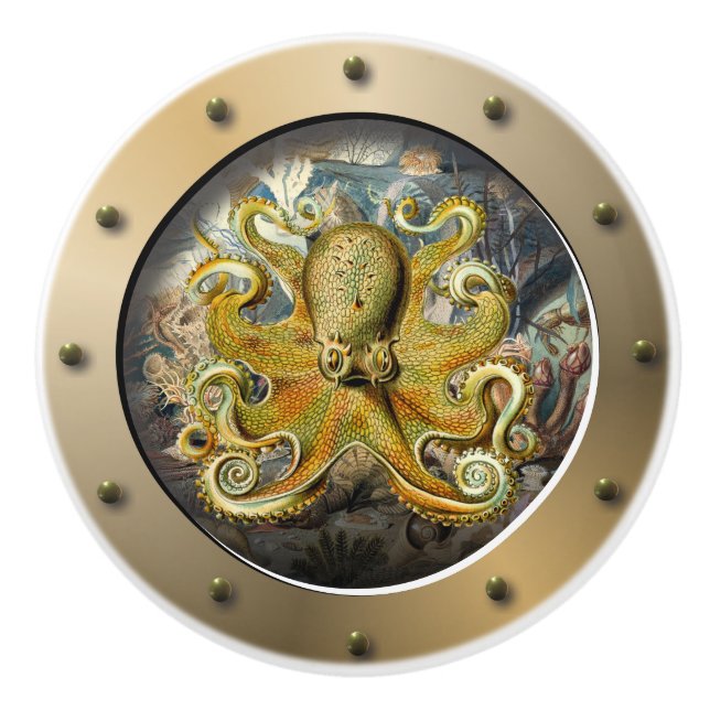 Steampunk Submarine Porthole Octopus Ceramic Knob (Front)