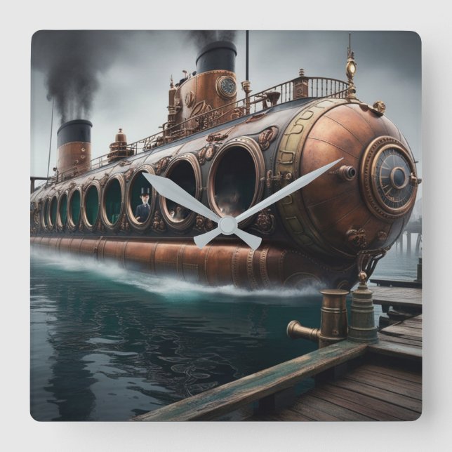Steampunk Submersible Ocean-liner Square Wall Clock (Front)