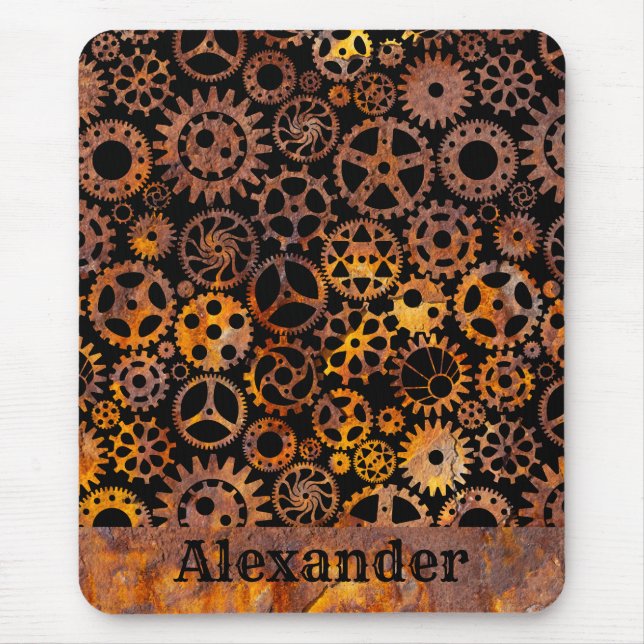 Steampunk Super Colourful Rusty Gears Custom Name Mouse Pad (Front)
