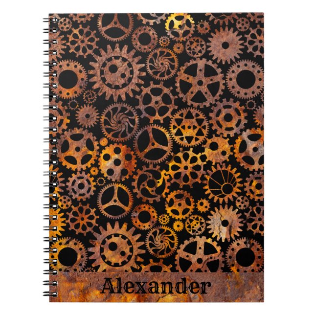 Steampunk Super Colourful Rusty Gears Custom Name Notebook (Front)