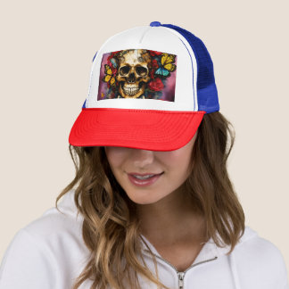 "Steampunk Surrealism: Basquiat-Inspired Skull wit Trucker Hat