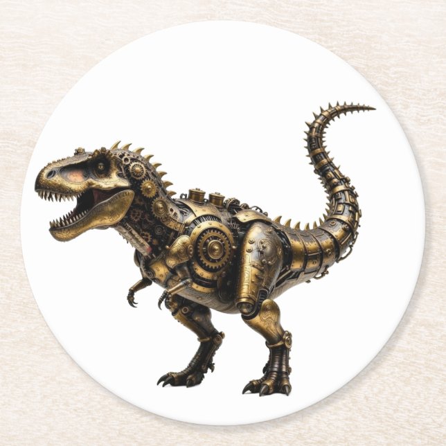 Steampunk T-Rex Mech – Brass Dino Beast Round Paper Coaster (Front)